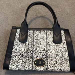 Fossil Black and White Calve Hair Shoulder Bag with Two-Tone Elegance